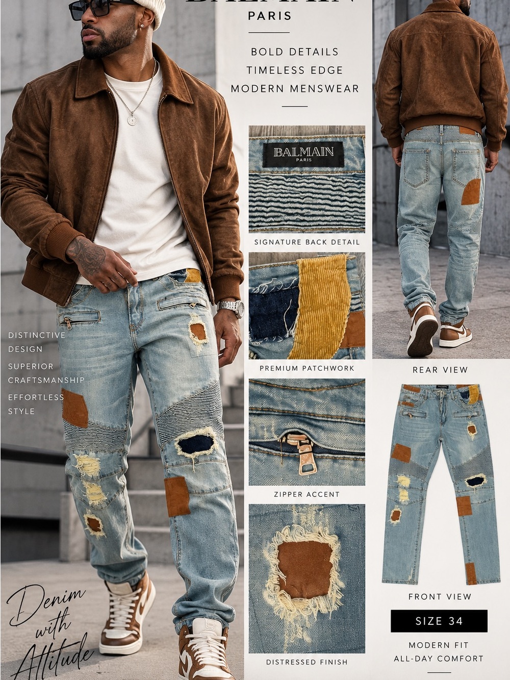Balmain Men's Light Blue Denim Jeans with Brown & Tan Patchwork